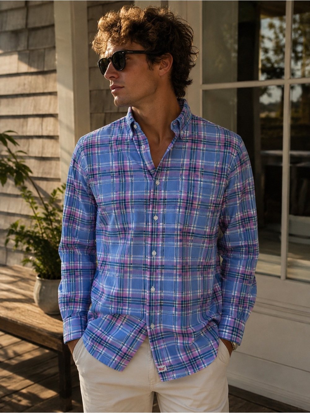 Men's Blue Plaid Button-Down Shirt